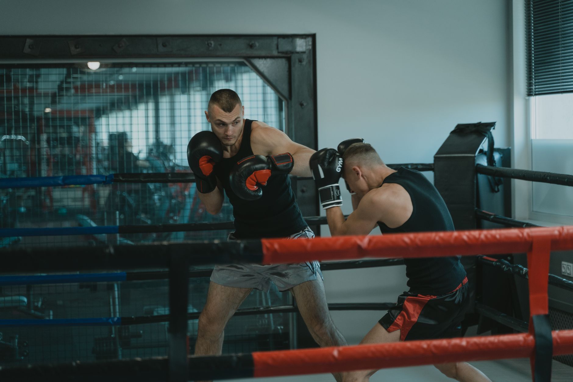 Two male boxers sparring in a gym, showcasing strength and skill.