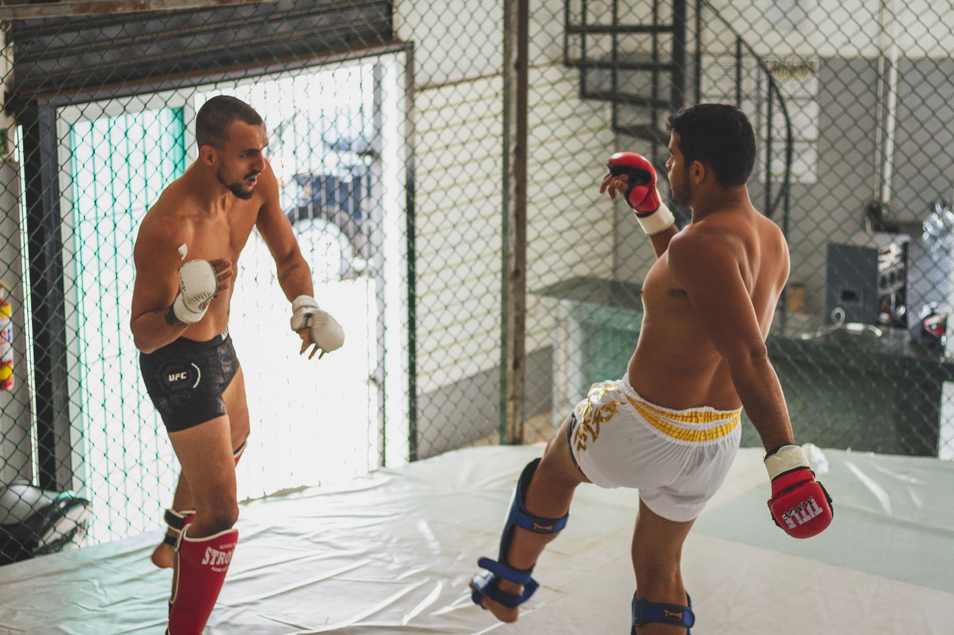 Two male fighters practicing mixed martial arts sparring in an indoor gym setting with gloves on.