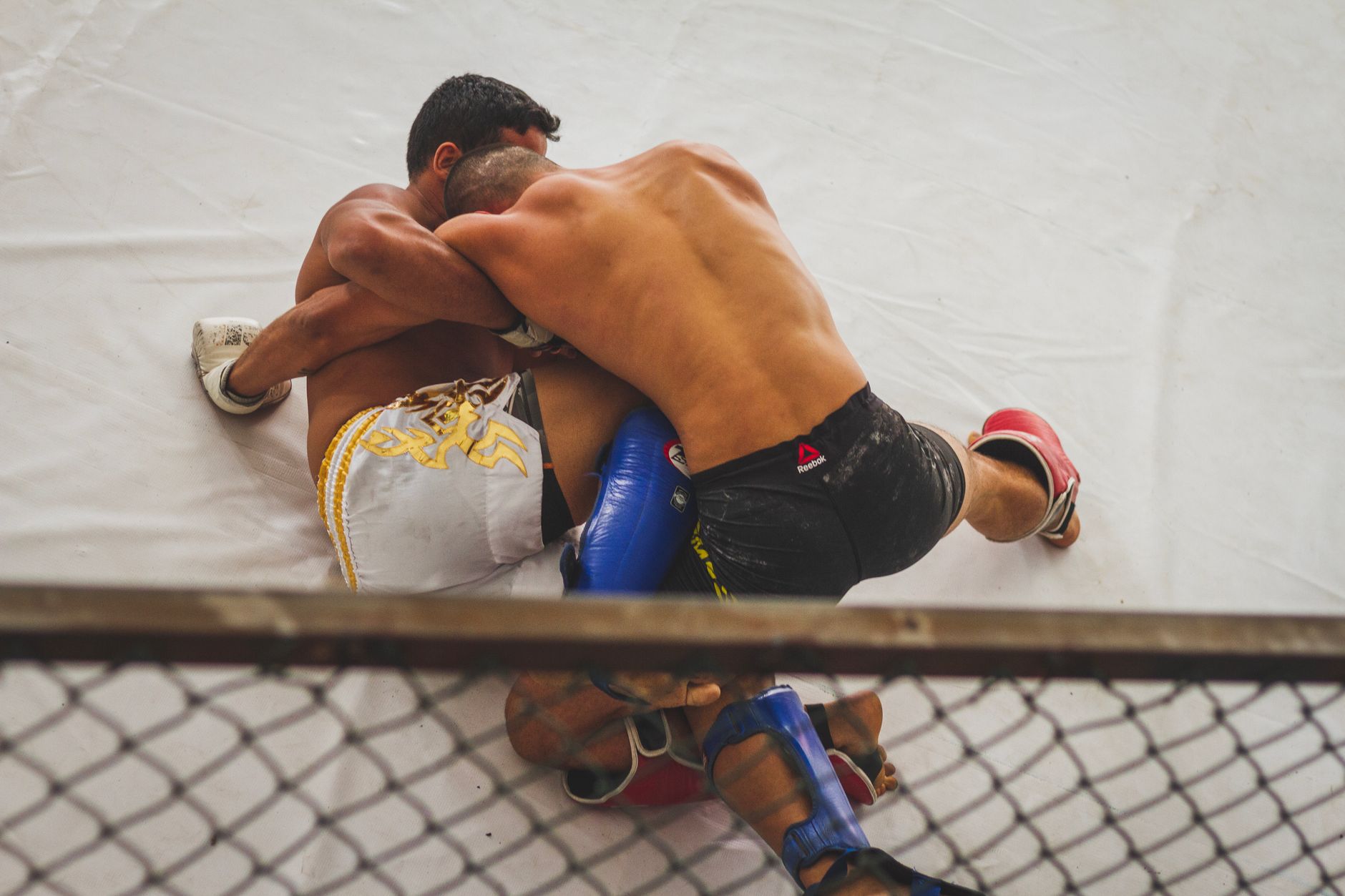 Two fighters engaged in a dynamic MMA grappling match inside a ring.