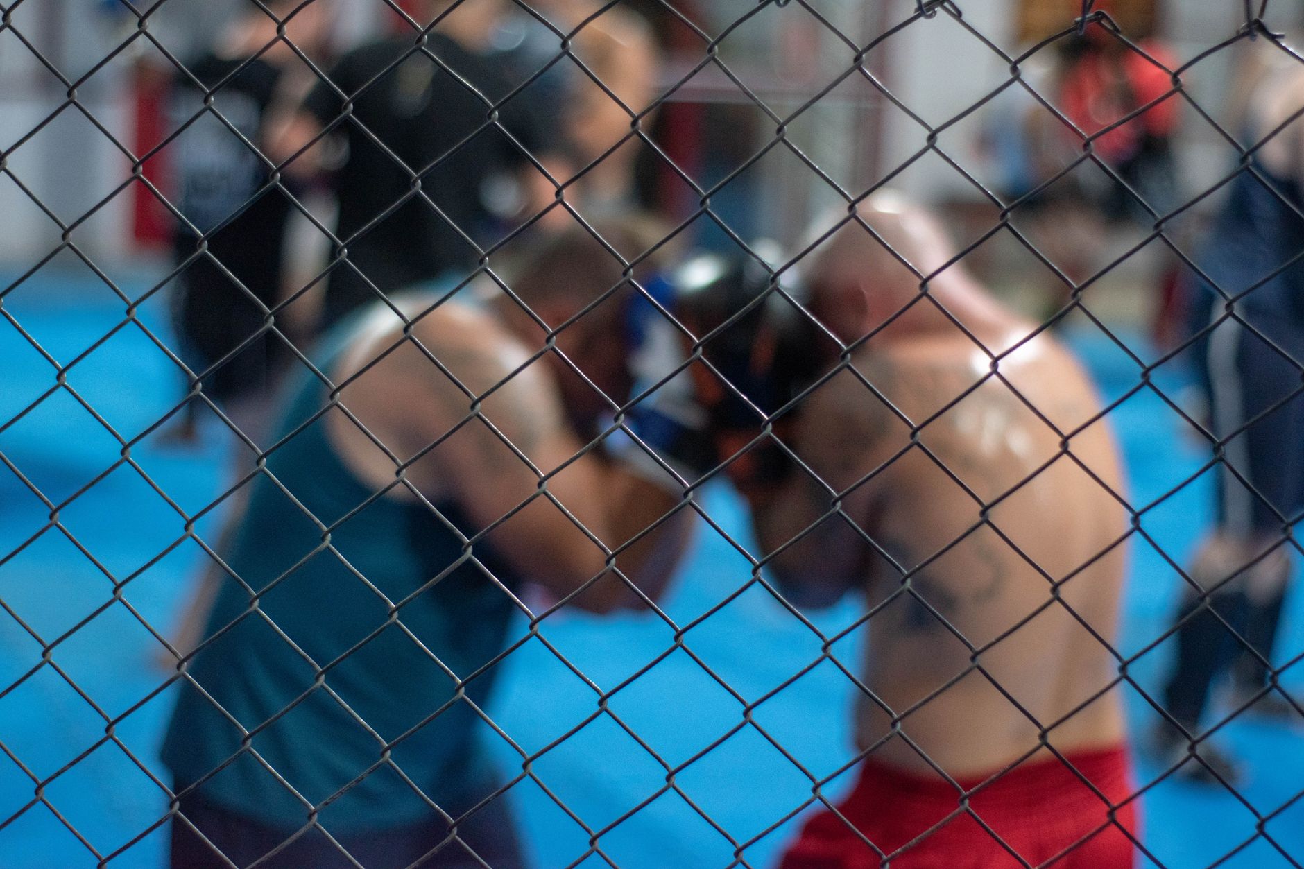 Two men engaged in a boxing match inside a caged ring, showcasing martial arts and sportswear.