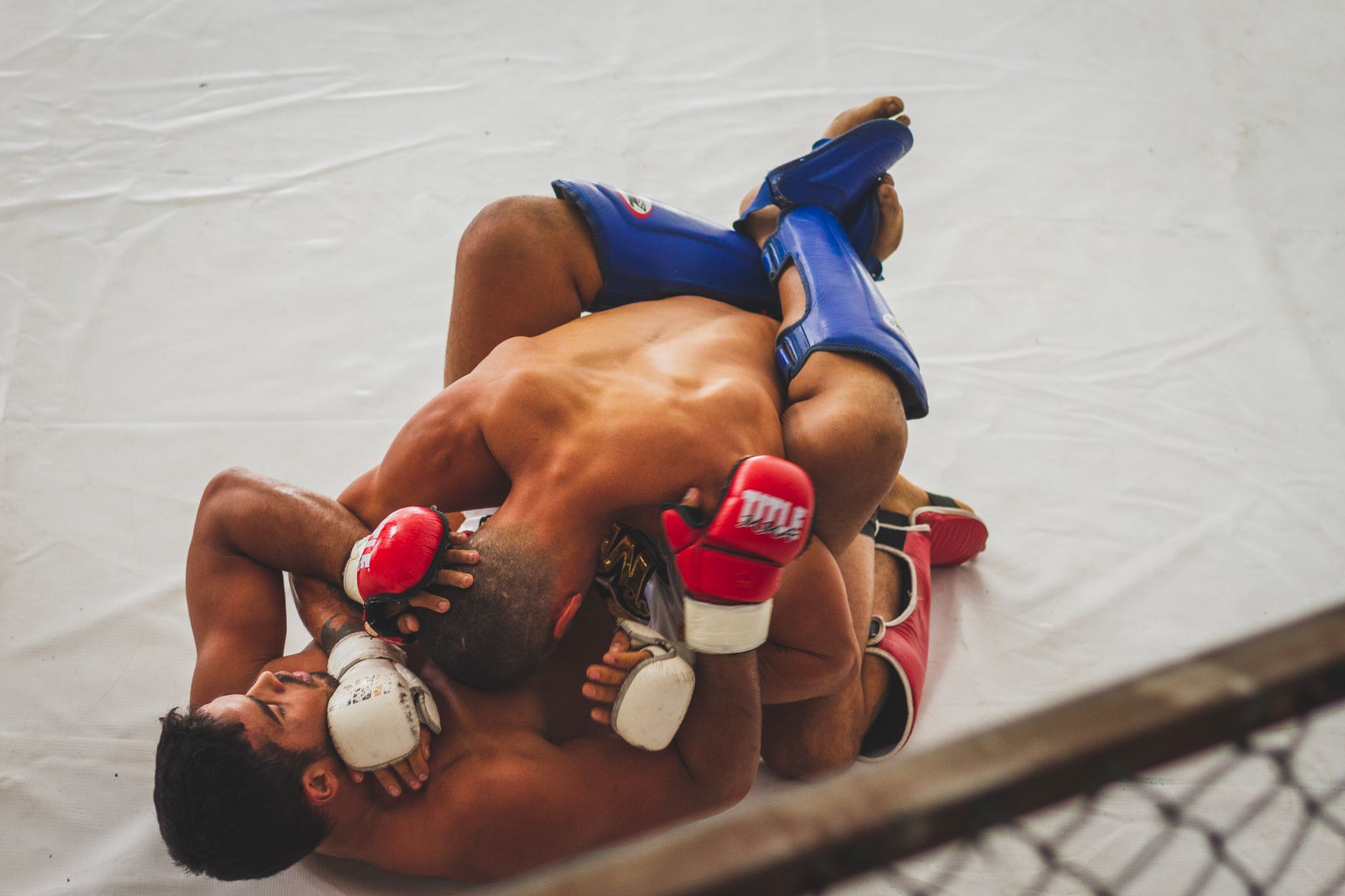 Two men engaged in a dynamic Brazilian jiu-jitsu training session, showcasing intense mixed martial arts skills.