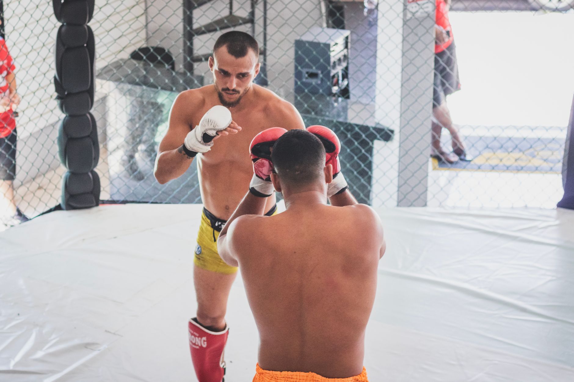 Two men sparring in a boxing ring, focusing on technique and skill.