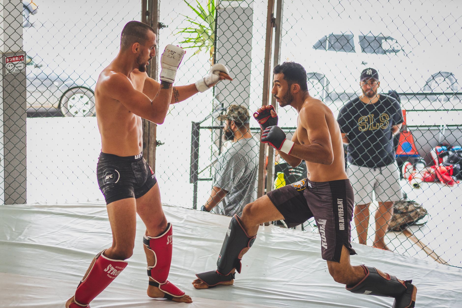 Two martial artists sparring in a gym, showcasing high-energy MMA training.