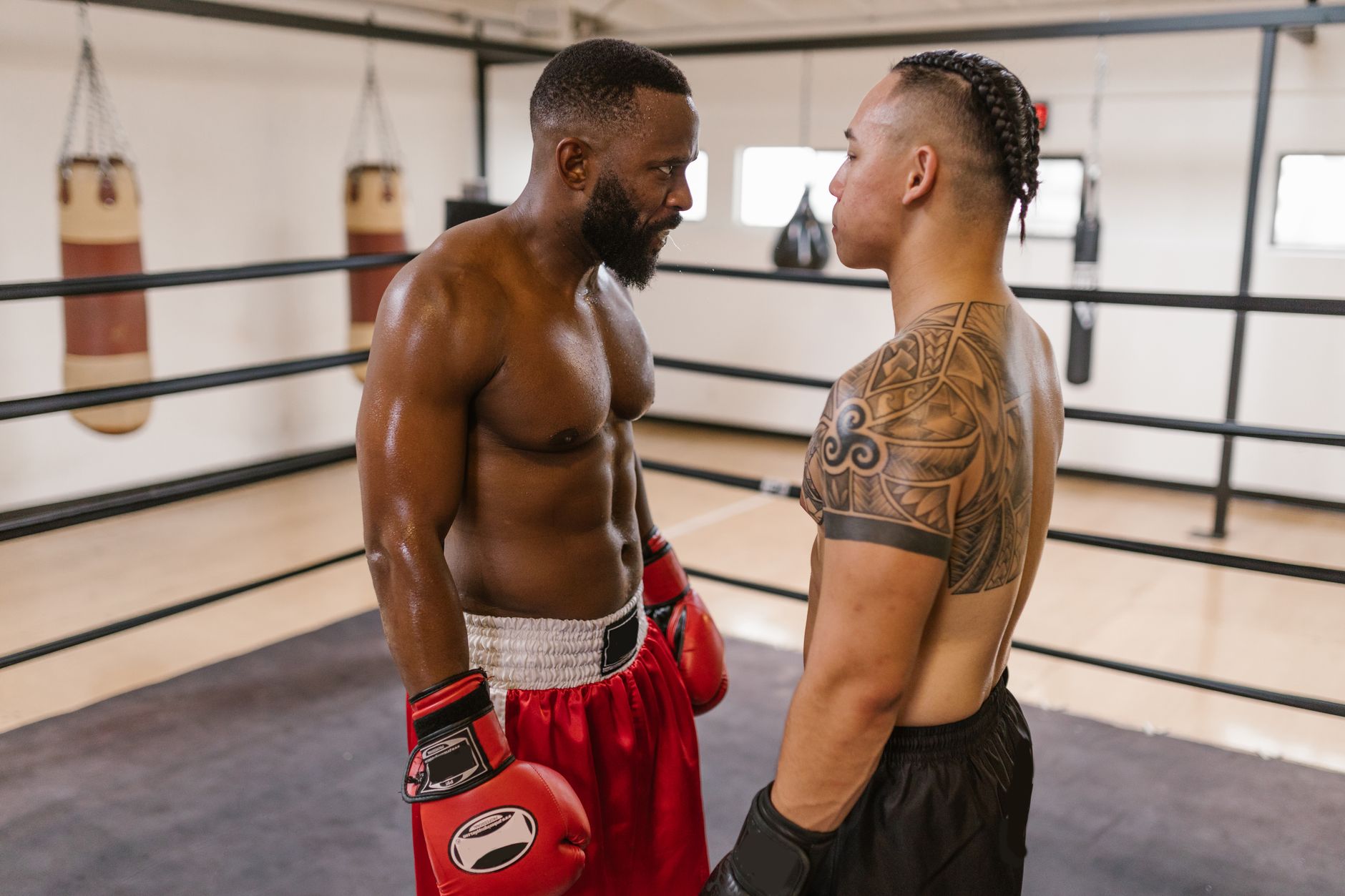 Two boxers face each other intensely in a boxing ring, showcasing strength and determination.