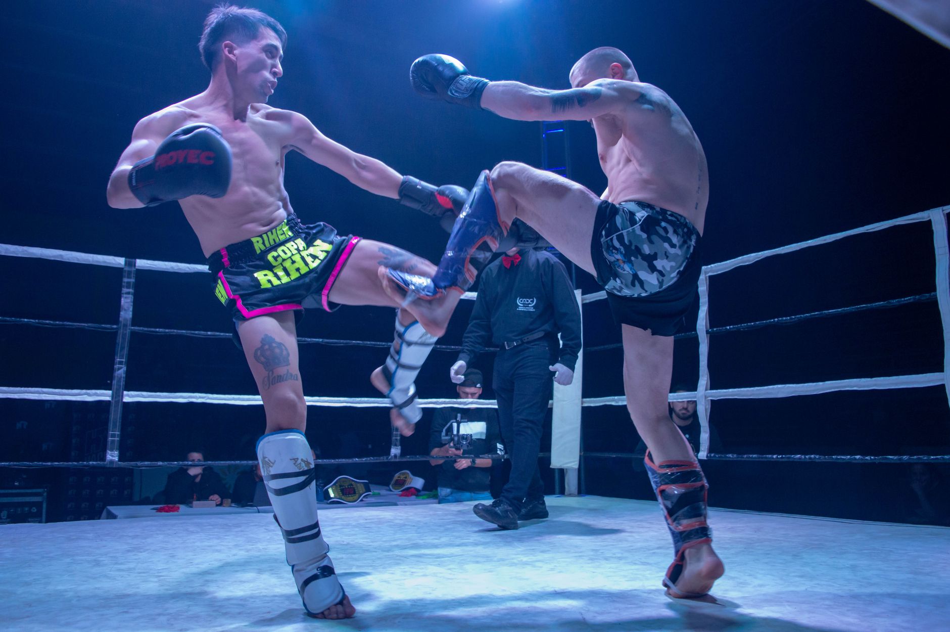 Two male kickboxers engage in an intense fight, showcasing skill and strength.