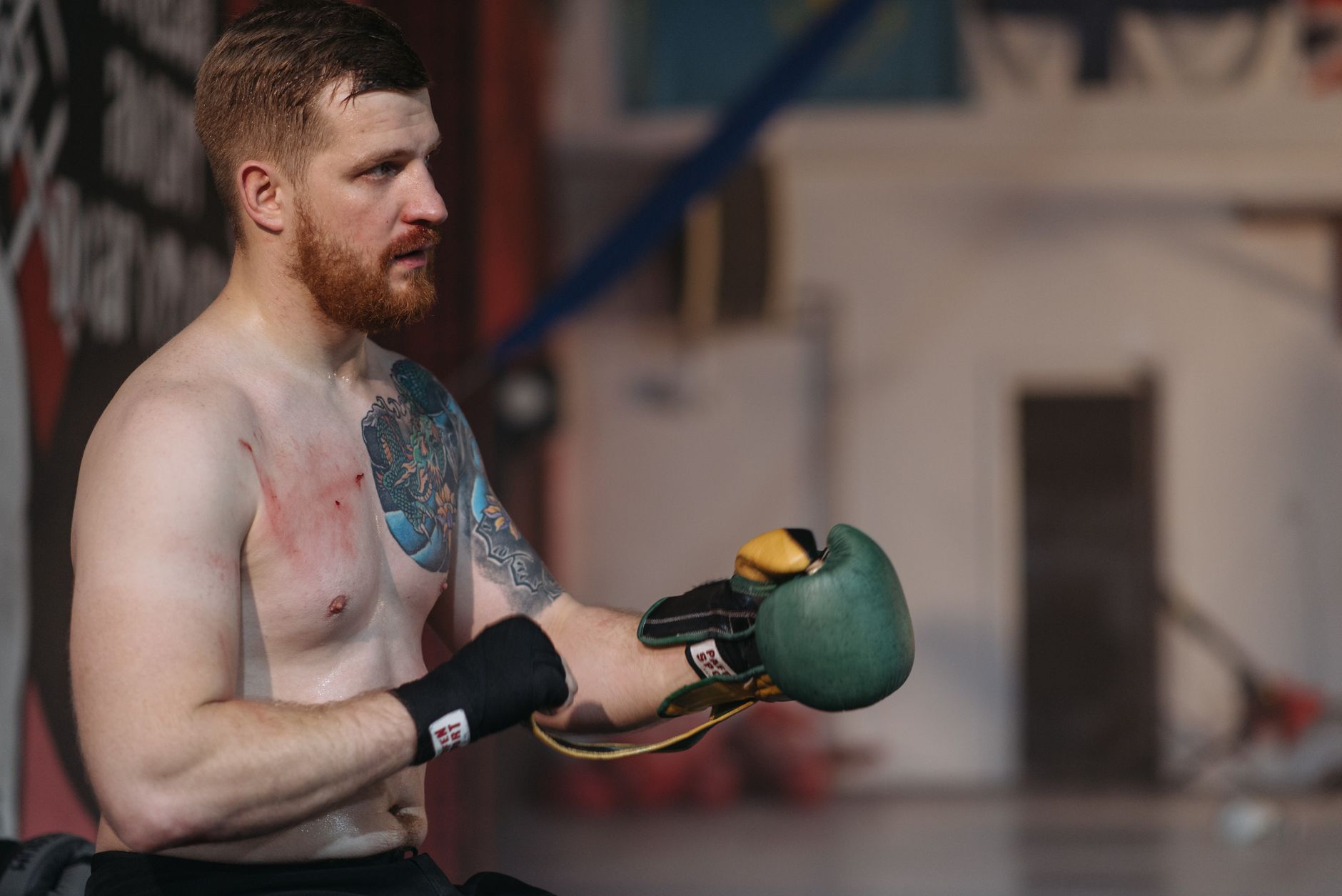 Bearded tattooed boxer preparing with gloves in an indoor gym setting.
