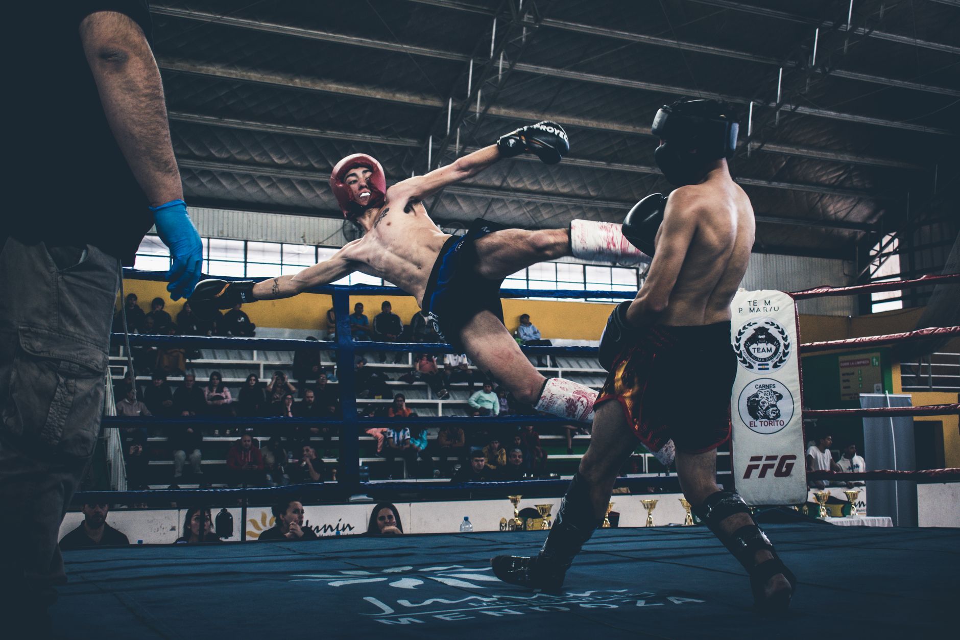 High-energy kickboxing match showcasing powerful move with attentive spectators in an indoor arena.
