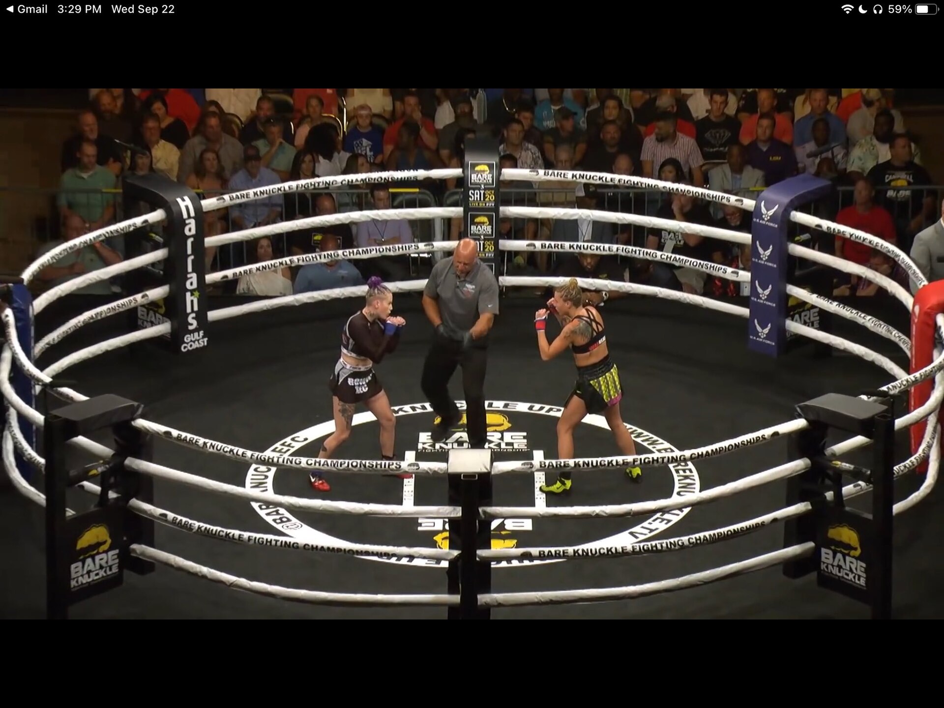 A view of the BKFC UK ring with the 'Toe the Line' markings visible in the centre of the ring.