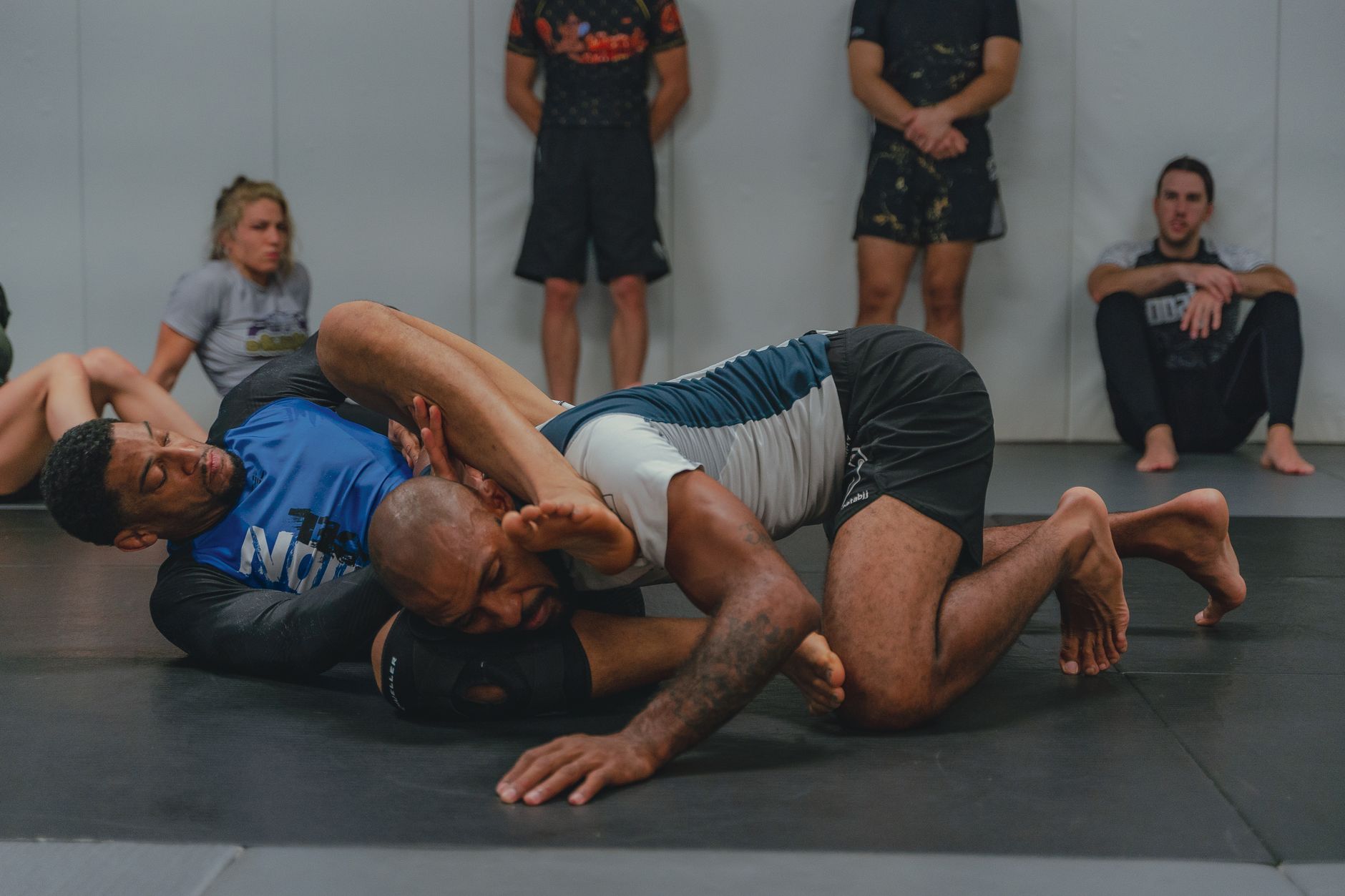Athletes engage in intense martial arts grappling during a training session indoors.
